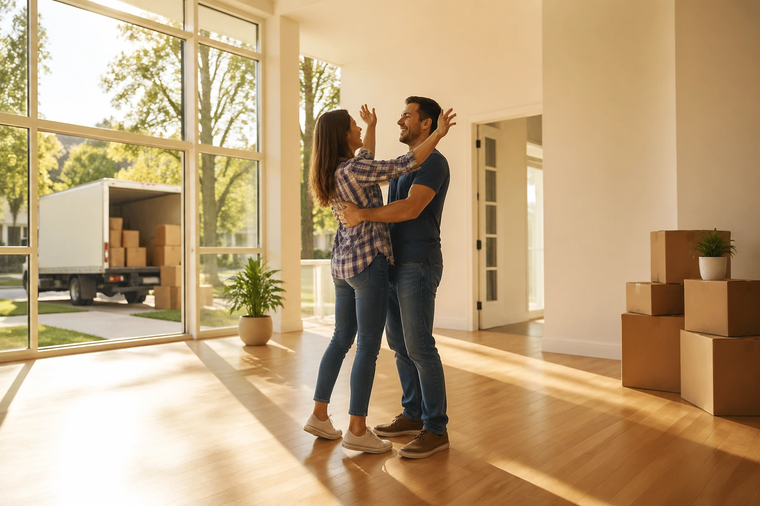 A happy couple celebrates in their bright new home surrounded by moving boxes and warm sunlight streaming through large windows.