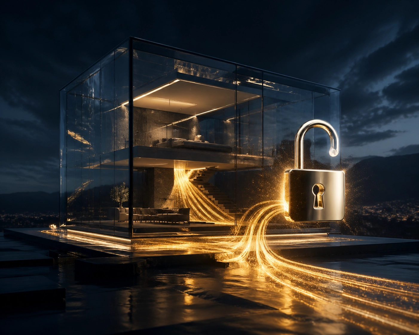 Sleek modern glass home glows at night as a floating unlocked padlock symbolizes secure and seamless smart home access.