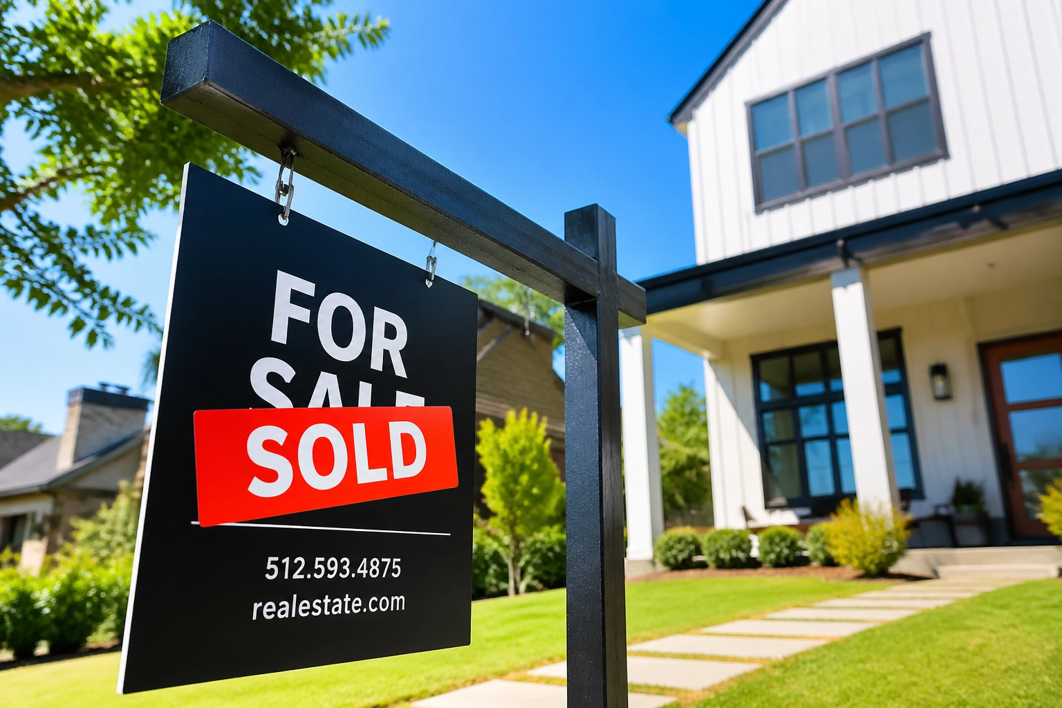 “For Sale” sign marked “Sold” stands in front of a modern suburban home on a bright sunny day.
