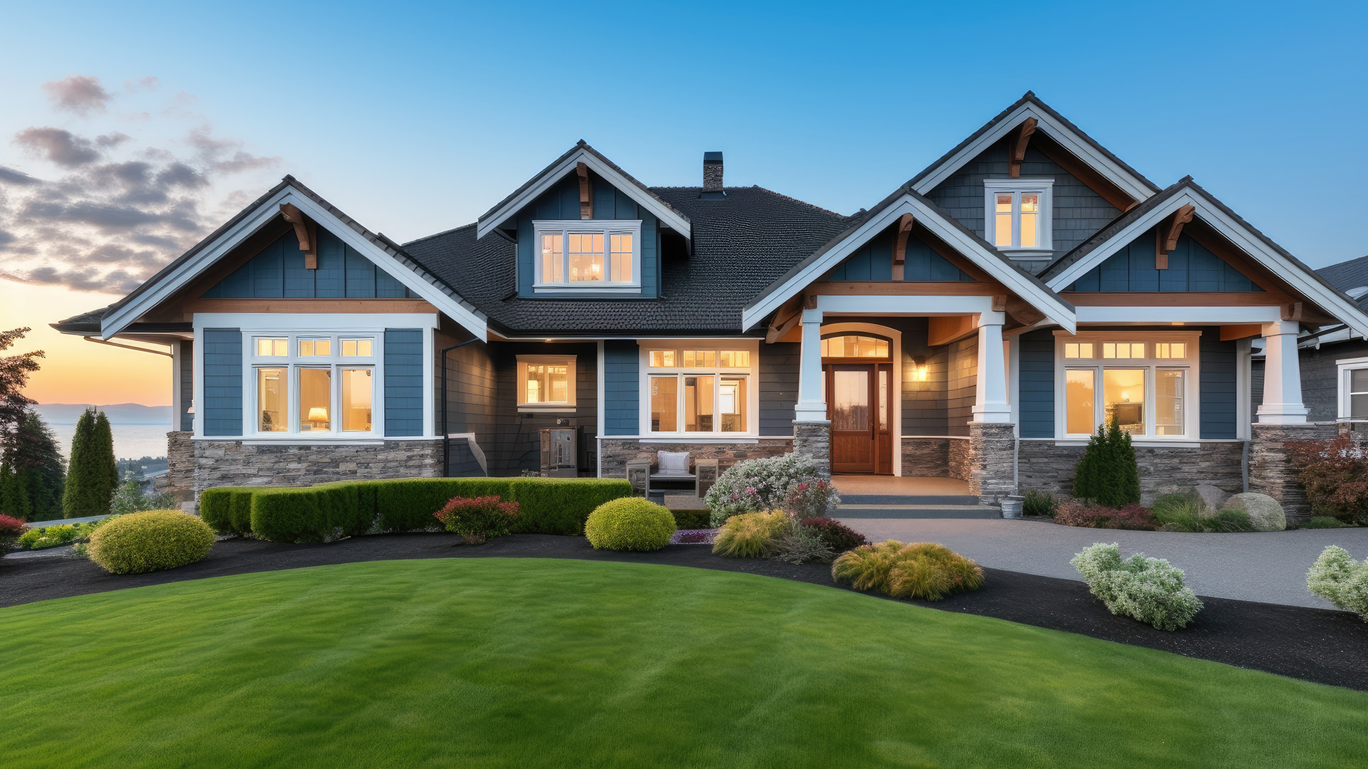 Beautiful blue home by water.