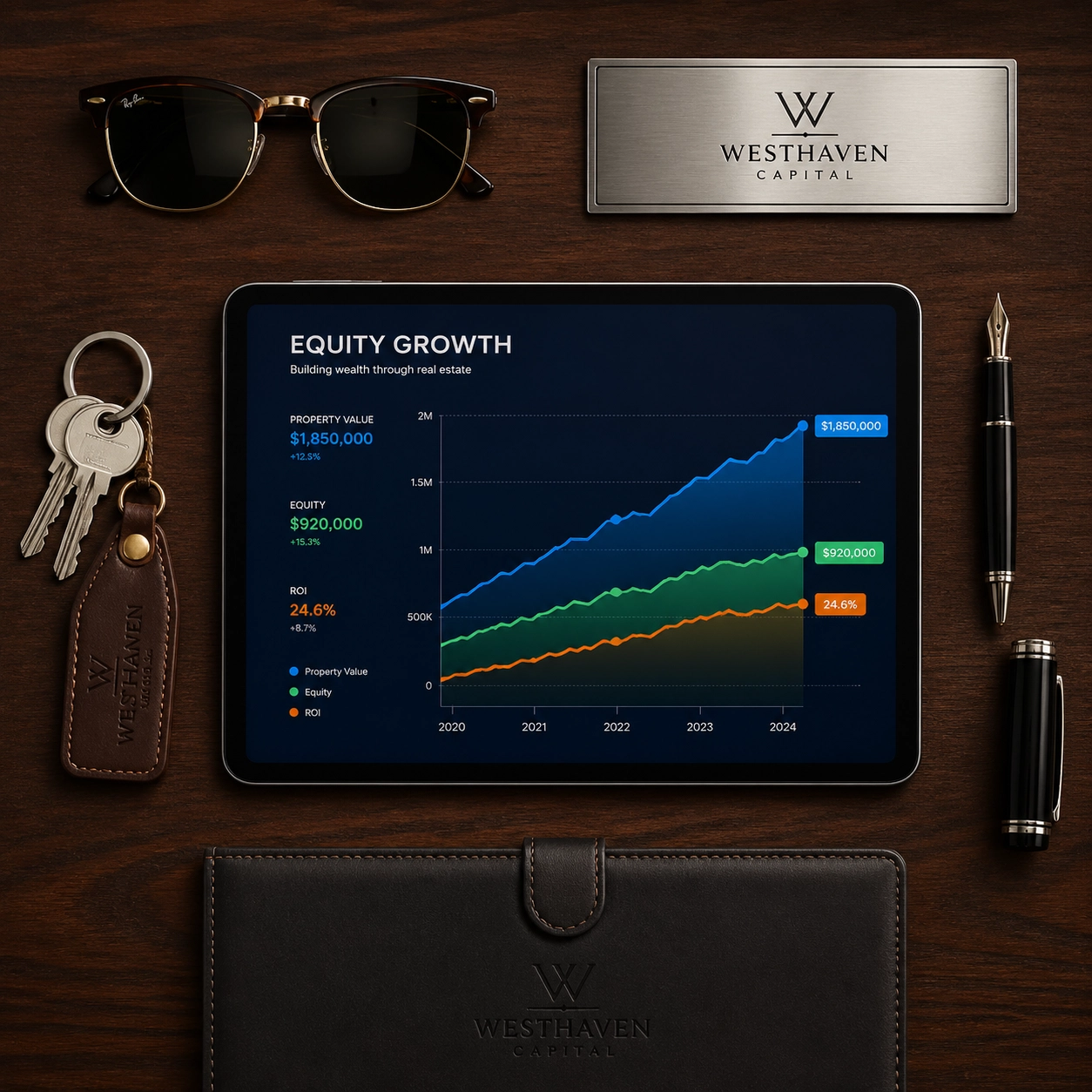 A luxury real estate investment workspace features an equity growth chart on a tablet surrounded by keys, sunglasses, and premium business accessories.