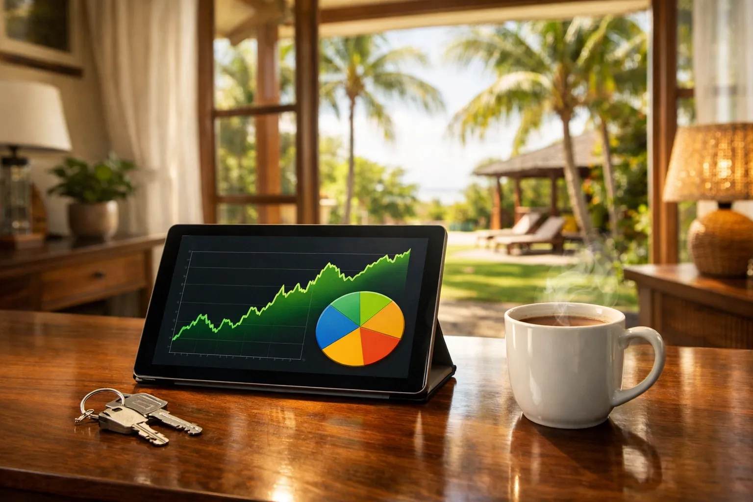 Tablet set on table next to coffee and keys, displaying a graph.