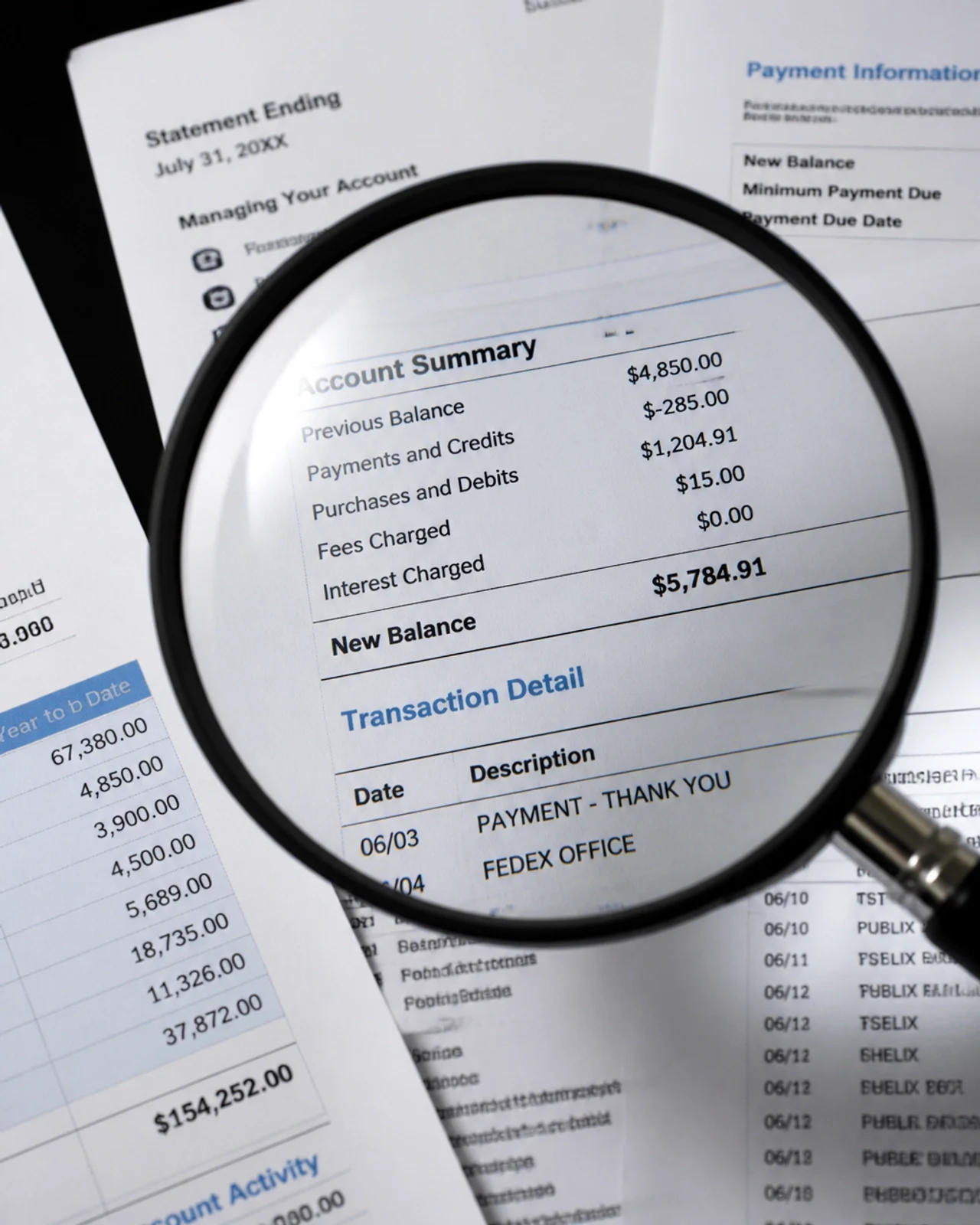 A magnifying glass highlighting financial account statements and transaction details during a document review.