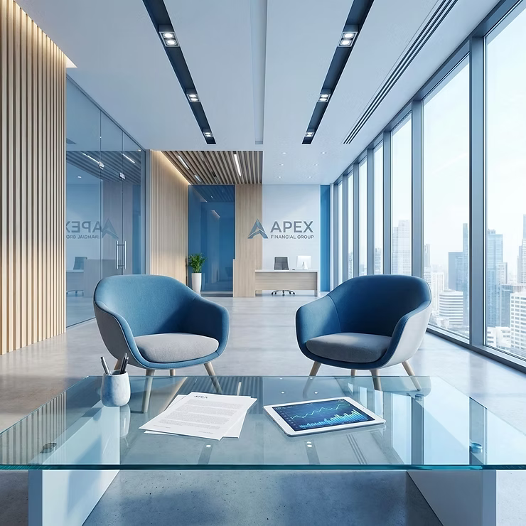 A sleek, modern financial office lobby with chairs, a glass table, and city skyline views through floor-to-ceiling windows.
