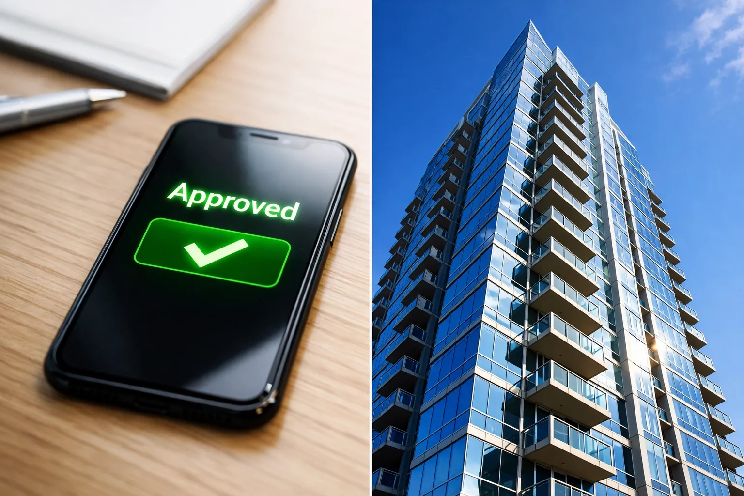 Mortgage approval and successful finance for urban real estate, split with high rise condominium.