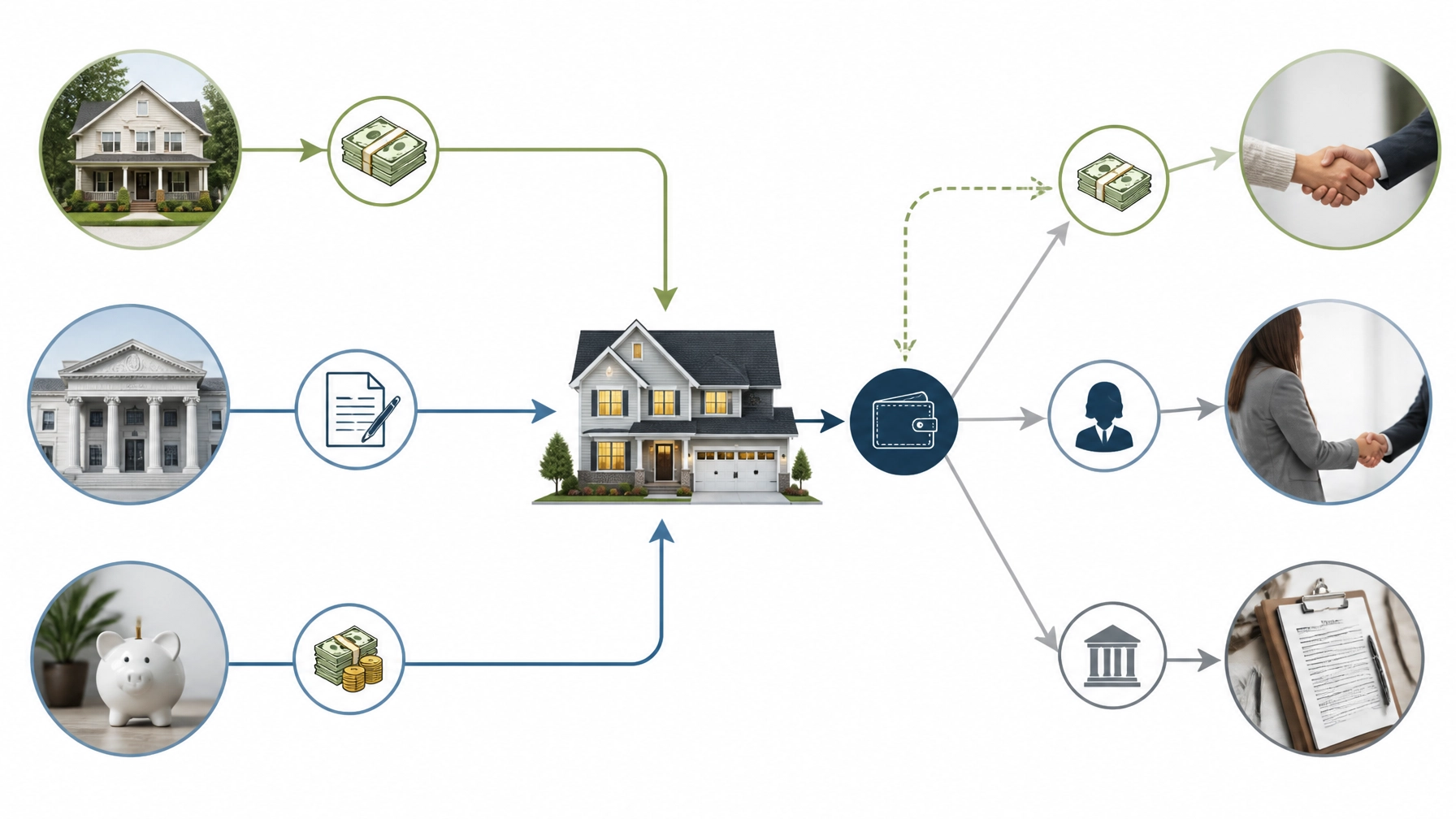 A visual comparison showing how a cash offer and a traditional mortgage transaction move from purchase to closing.
