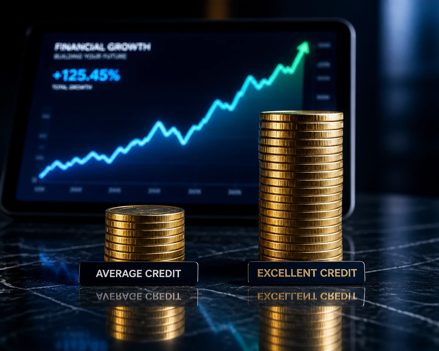 stacks of coins labeled by credit score sit in front of a screen showing financial growth charts.