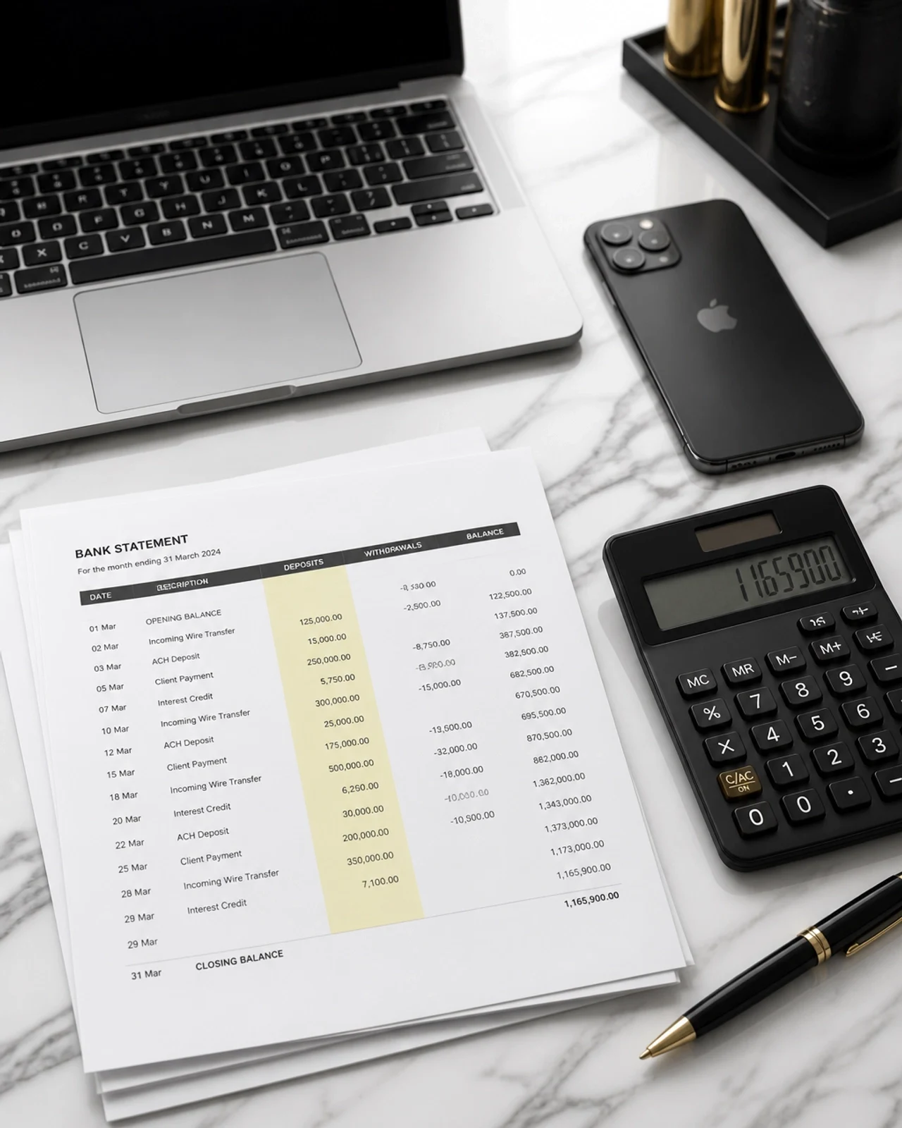 Financial documents, calculator, laptop and phone.