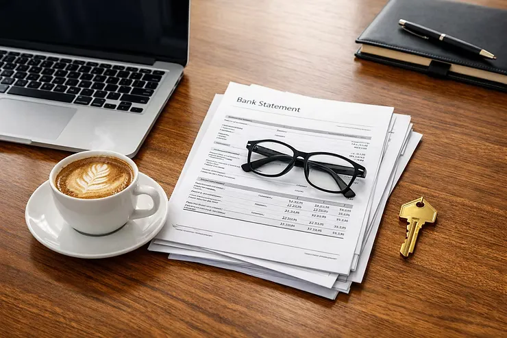 A large desk with a laptop, coffee, bank statement papers, glasses and a house key are arranged neatly for financial review.