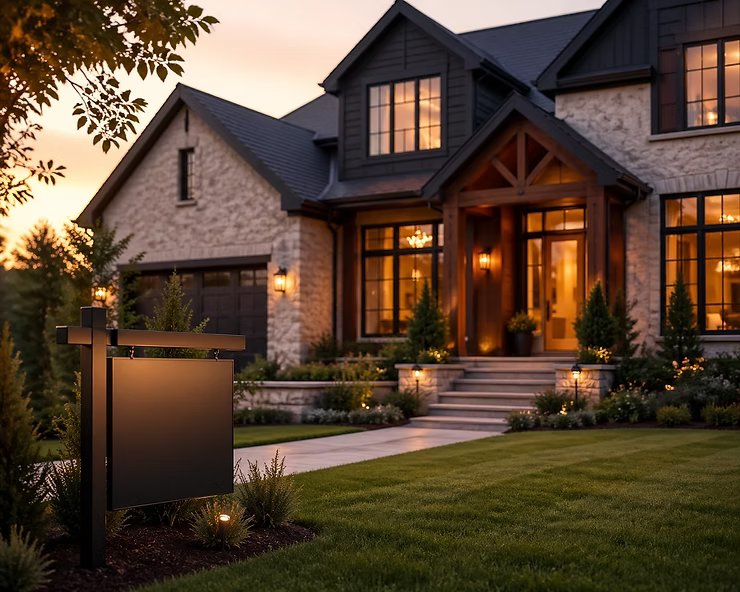 A warmly lit suburban home at dusk with a blank real estate sign in the front yard.
