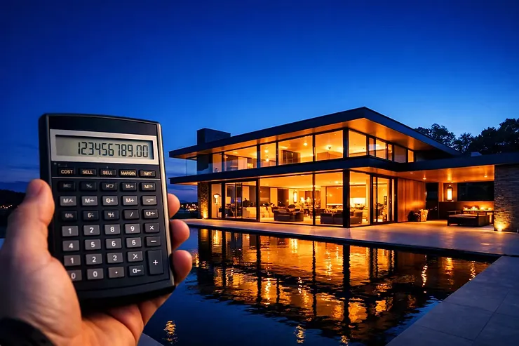 A hand holding a calculator in front of a large modern luxury home with glowing lights and a pool