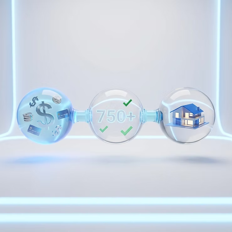 Minimalist graphic of connected glass spheres showing finances, a 750+ credit score, and a house representing mortgage qualification.