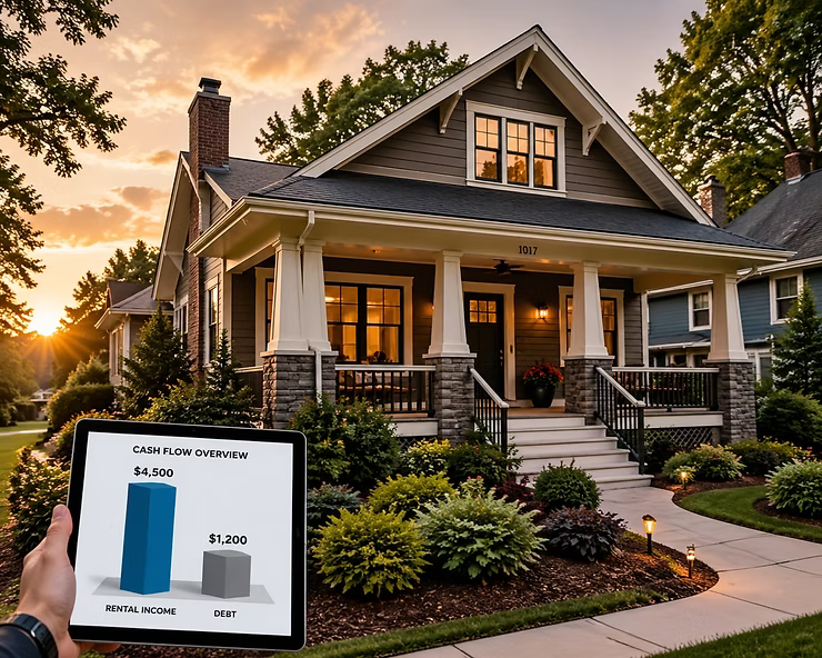 Beautiful home exterior with a tablet displaying rental income and debt cash flow analysis.