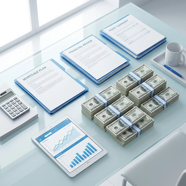 Stacks of cash, mortgage documents, and a tablet with financial charts arranged on a glass desk in a bright modern office.