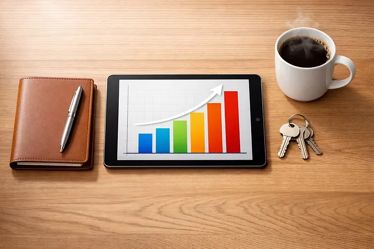 A tablet displaying a rising bar graph sits on a wooden desk besides a notebook, pen, house keys and a cup of coffee.