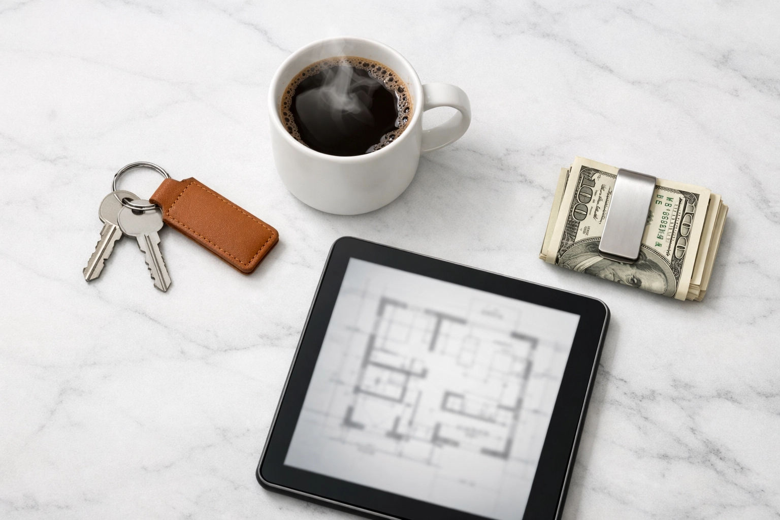 A marble table with a cup of coffee sitting in the middle, a tablet showcasing a floorplan of a house, a money clip and keys.