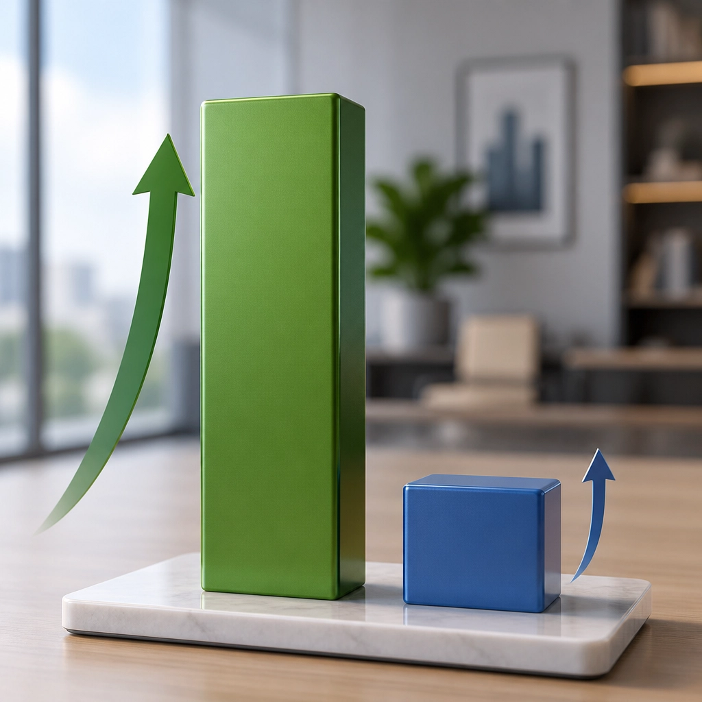 A simple bar chart with upward arrows illustrating growth, increased home equity, or rising property values.