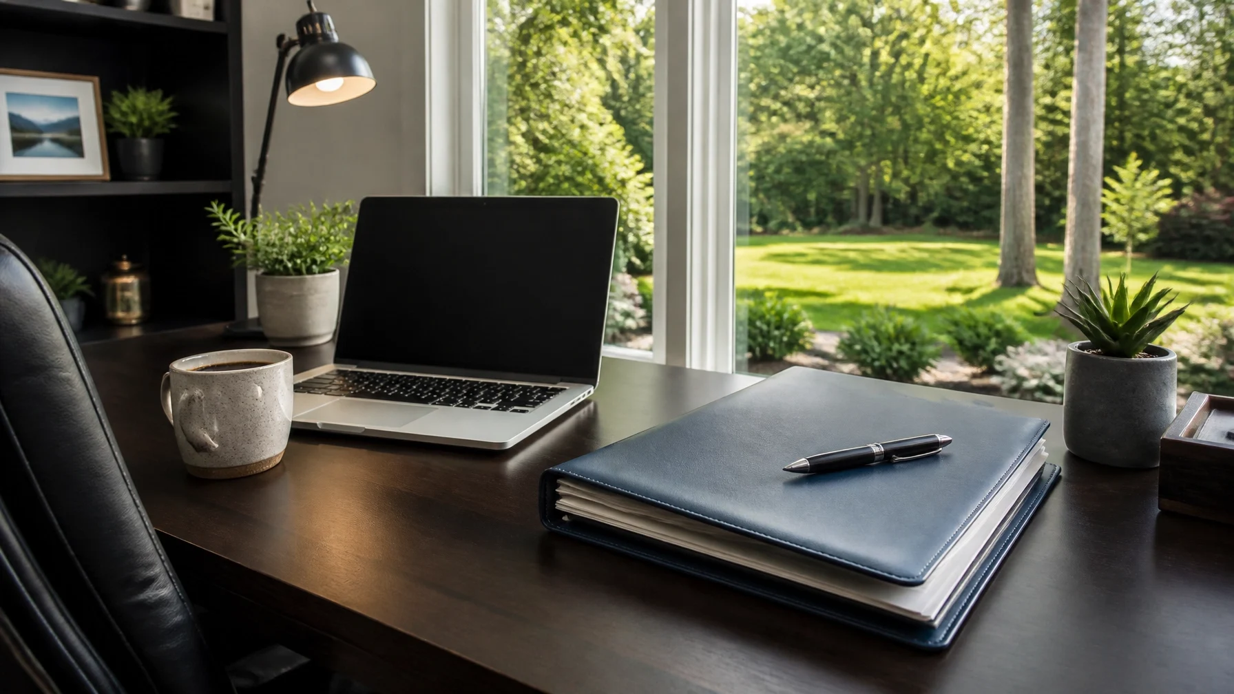 A clean home office workspace with a laptop, notebook, and coffee overlooking a backyard view.