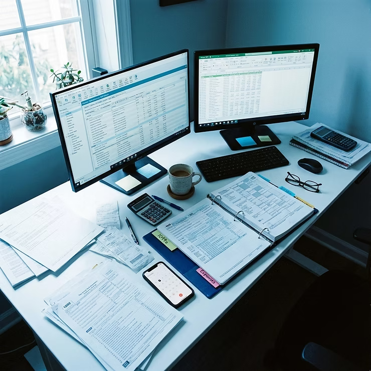 A home office desk with dual monitors, spreadsheets, calculators, paperwork and coffee.
