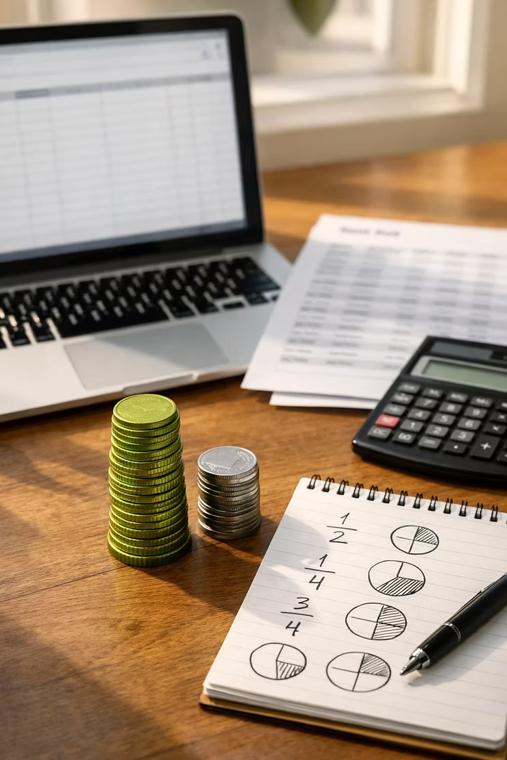 Desk setup with coins stacked. A calculator, laptop and notes are also on the table. Someone is budgeting and planning.