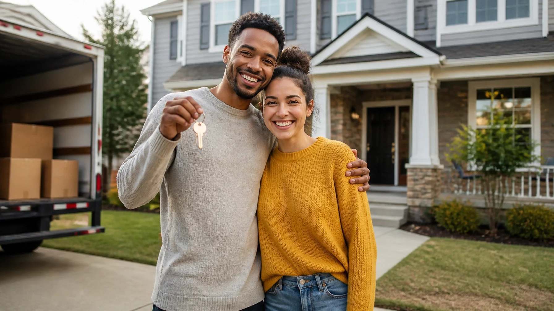A happy couple standing in front of their new home, holding the keys after closing.