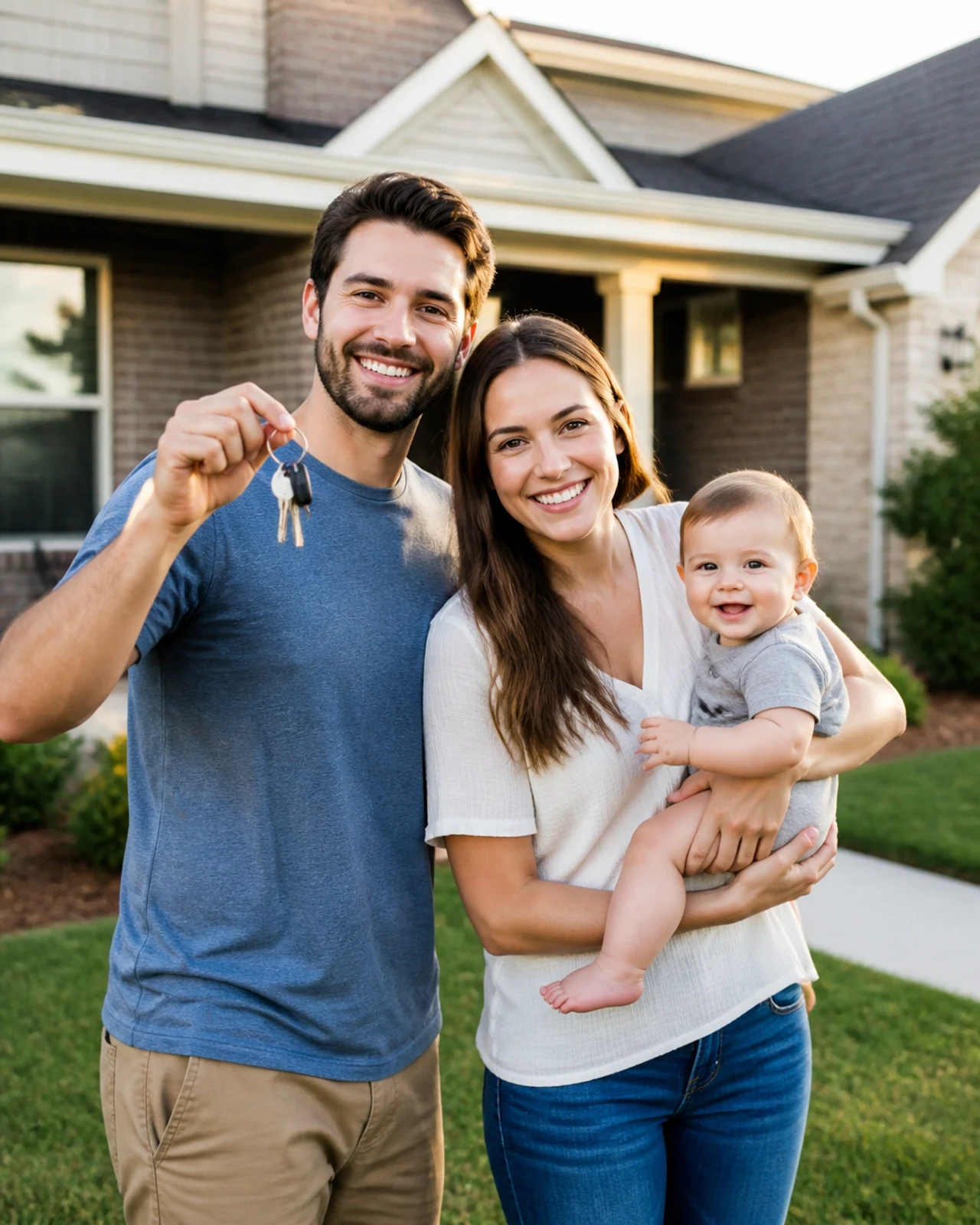 A smiling young family proudly holding up the keys to their new home outside their house.