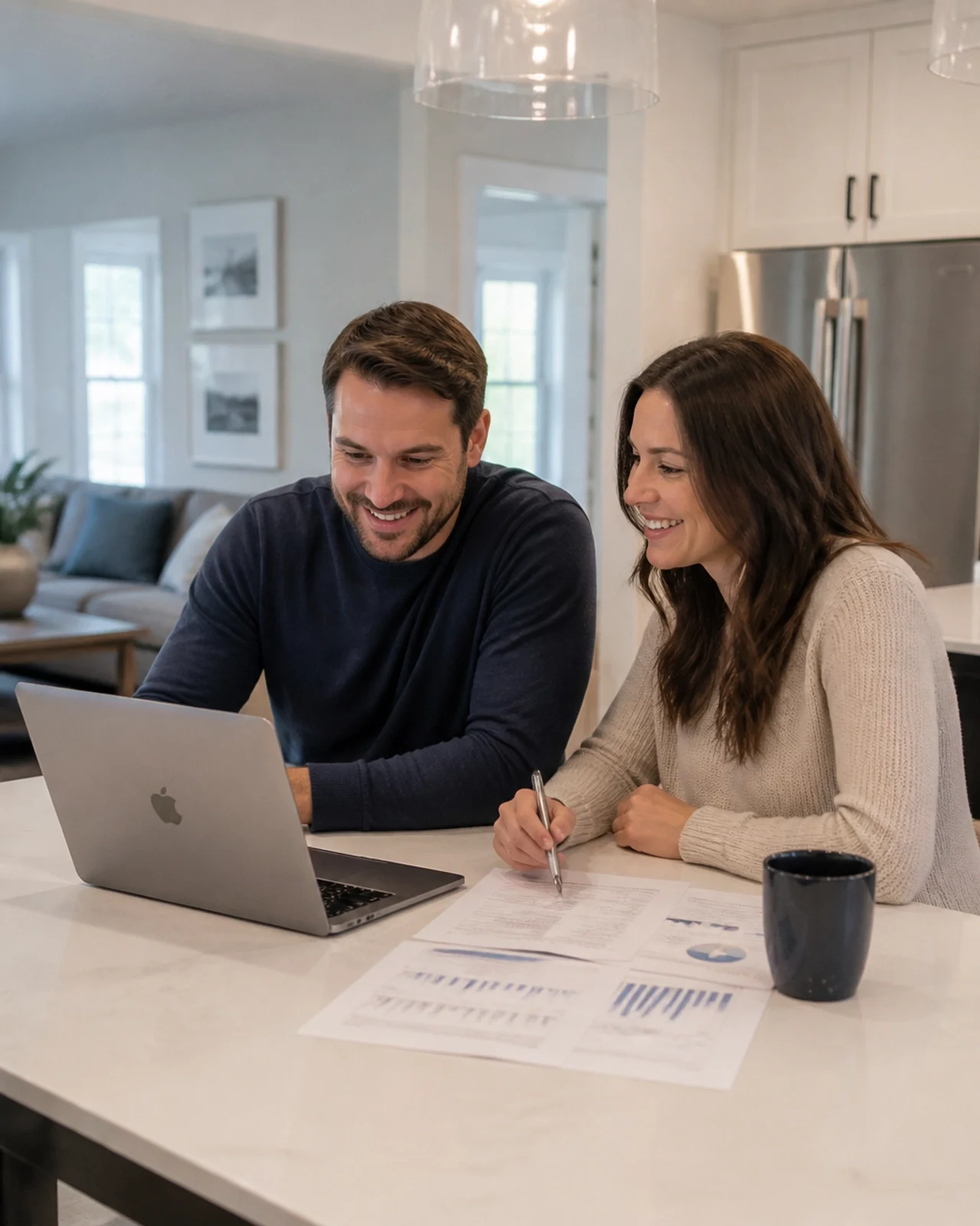 A couple reviewing home-buying documents and information together on a laptop in their kitchen.