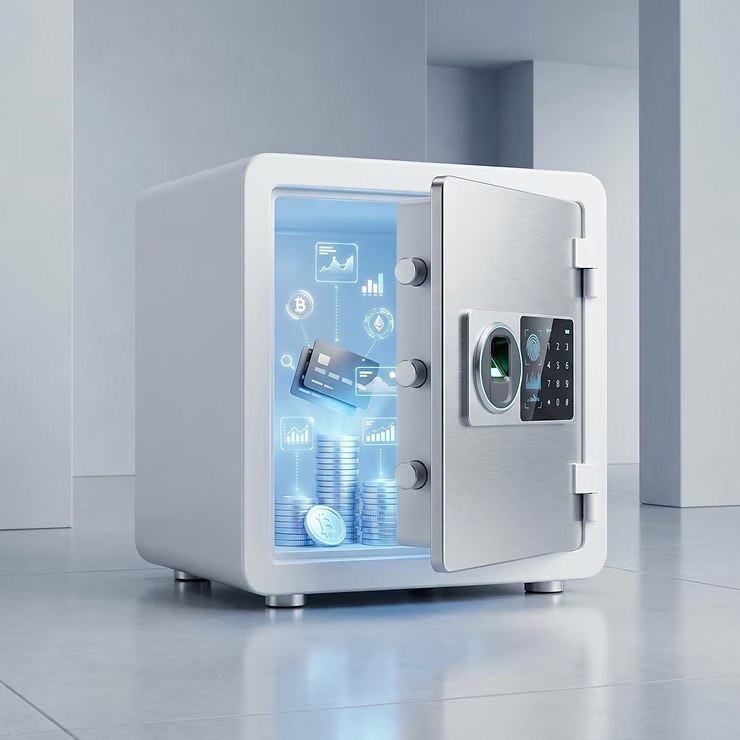 A modern digital safe with its door ajar, displaying cash, coins, cards and financial icons inside a sleek minimalist room.