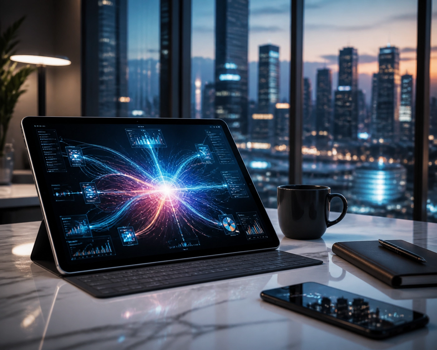 A futuristic digital workspace displaying advanced AI data visualizations on a tablet overlooking a modern city skyline at night.