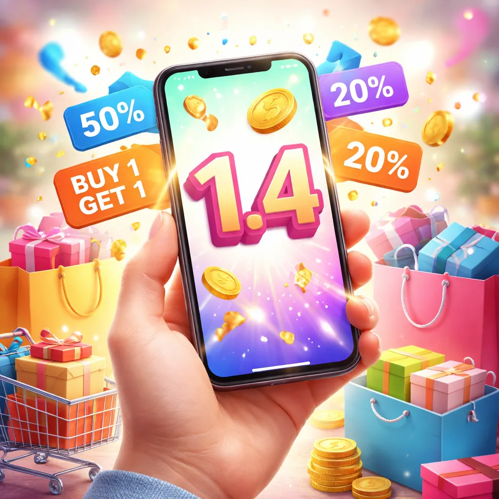 Smartphone displaying '1.4' surrounded by discounts, coins, and shopping bags, representing promotions, savings, and deal-driven purchasing.