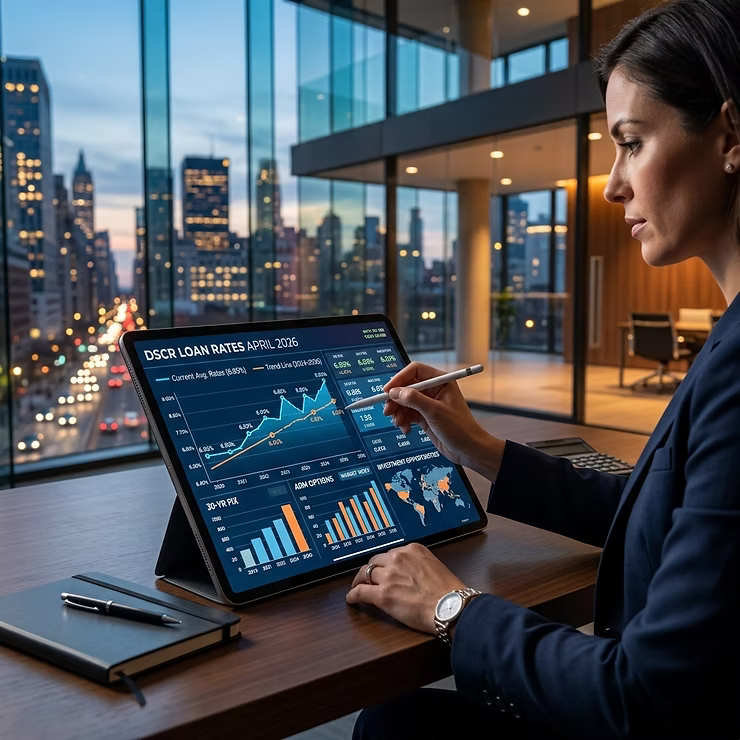 Professional reviewing DSCR loan rate trends and investment data on a tablet in a modern office setting.