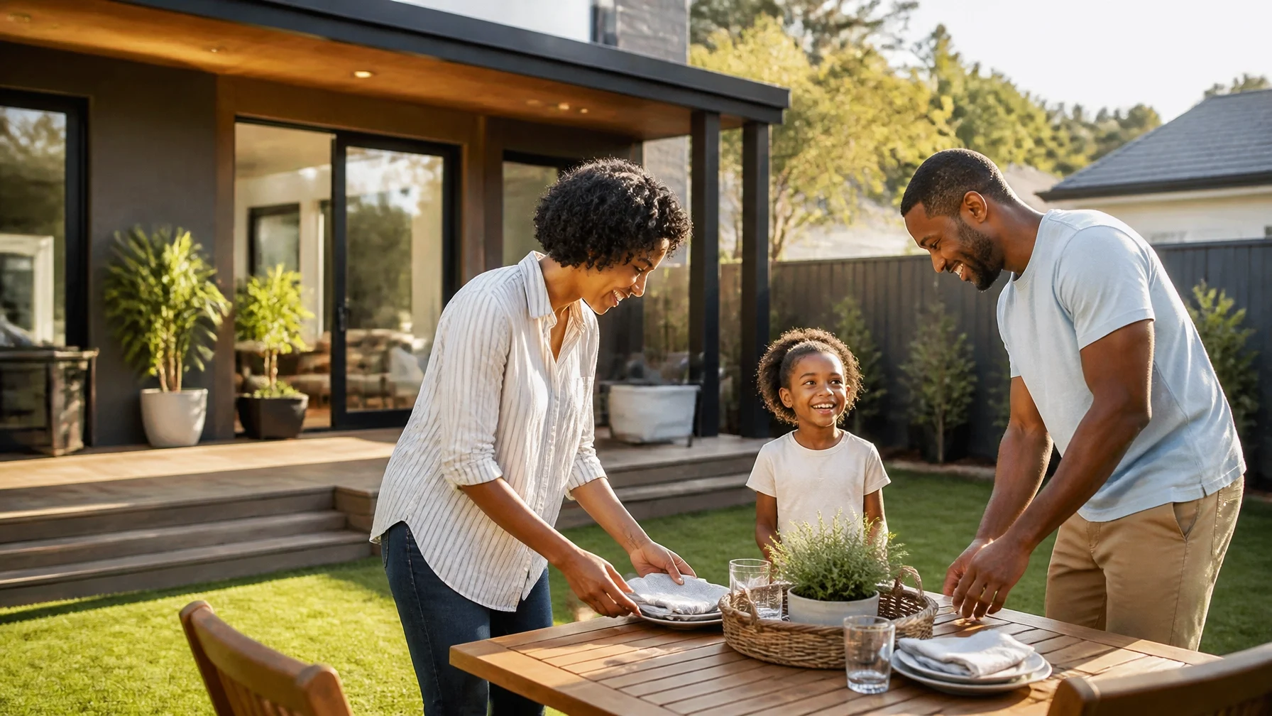 A happy family setting up an outdoor dining table in the backyard of their modern home.