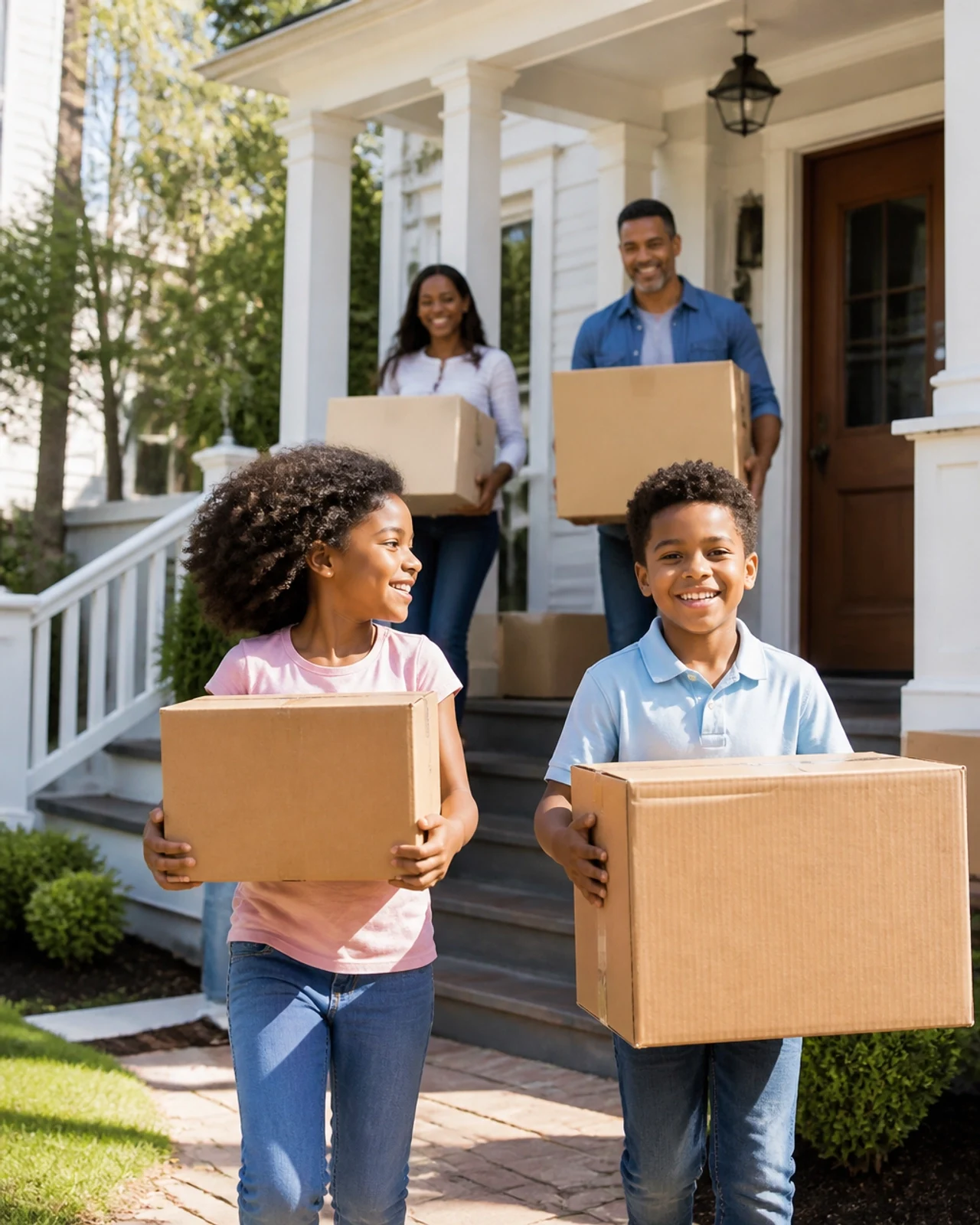 A a happy family carrying moving boxes into their new home.