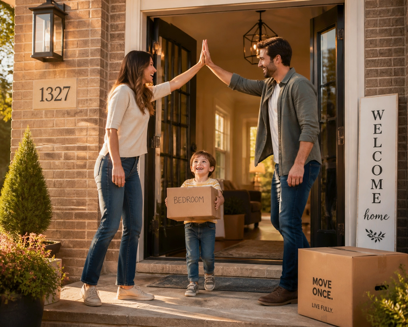 A happy family celebrating moving into their new home, high-fiving at the front door while their child carries a moving box in the warm evening light.