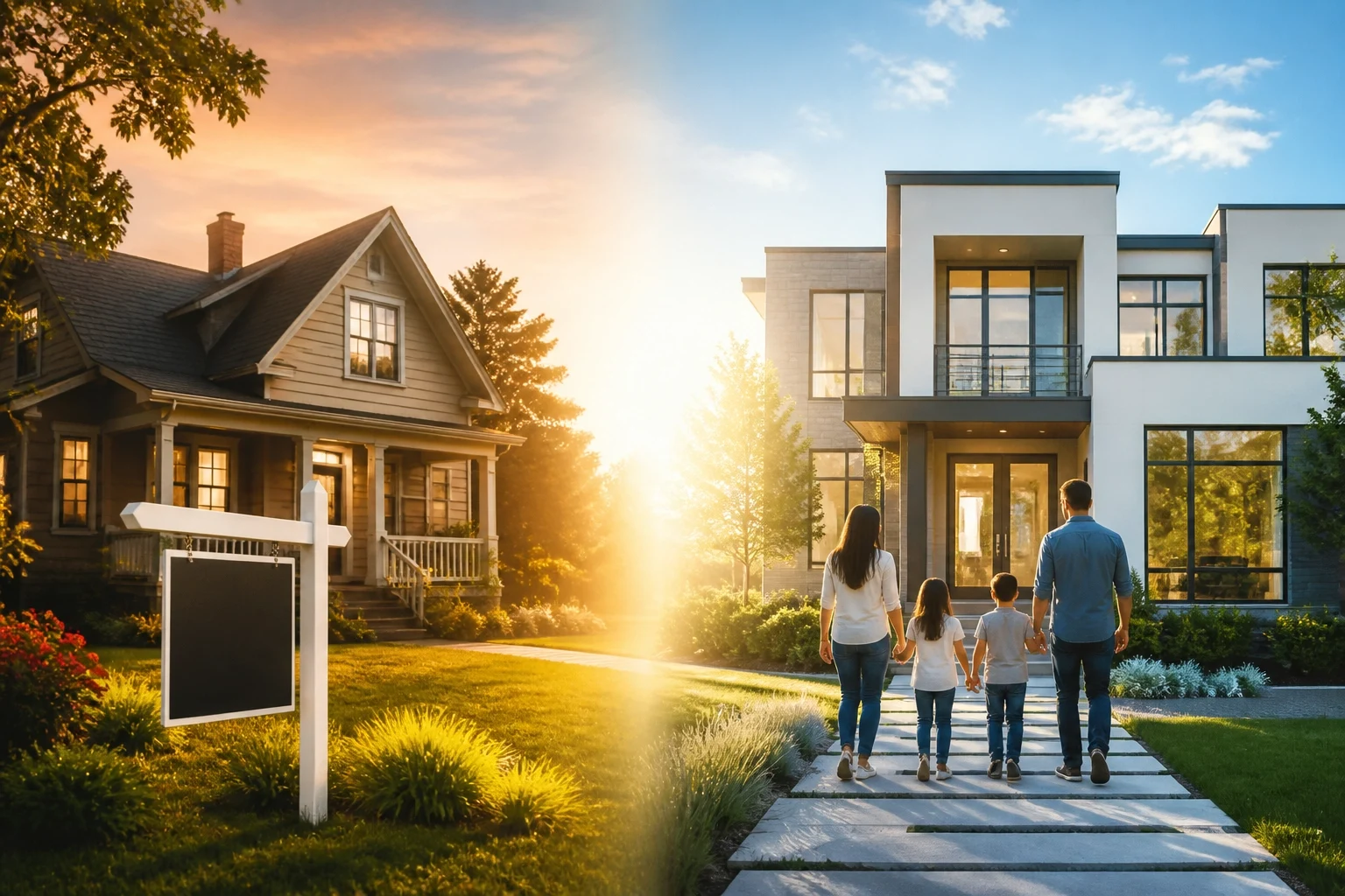 A family standing between a traditional home and a modern house, symbolizing the journey to finding their dream home.