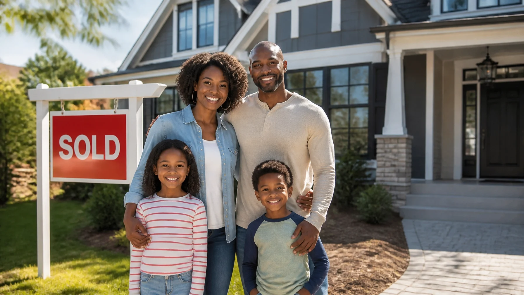 A happy family standing in front of their newly purchased home.