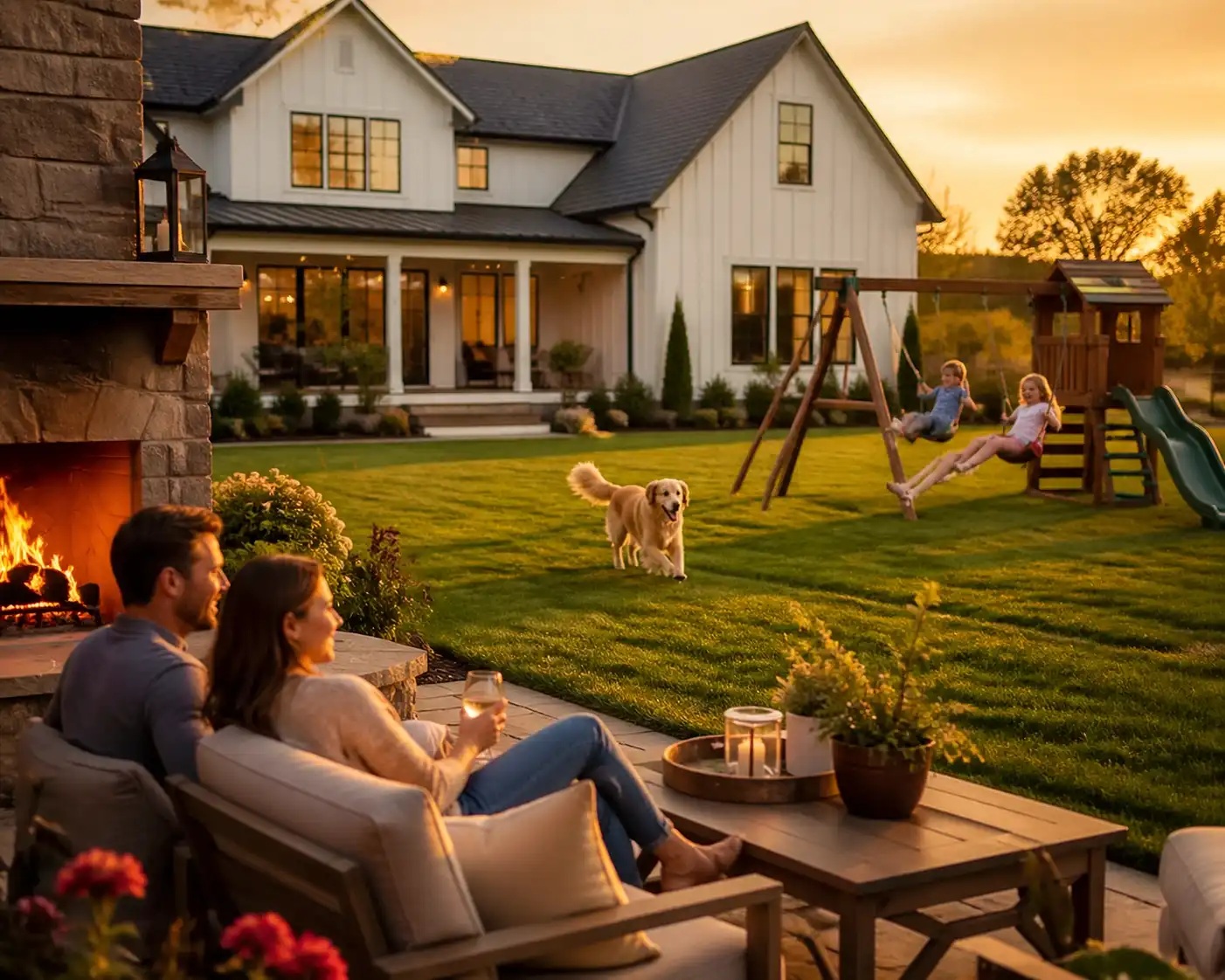 A family relaxes by an outdoor fireplace while children play in the backyard of a beautiful suburban home at sunset.