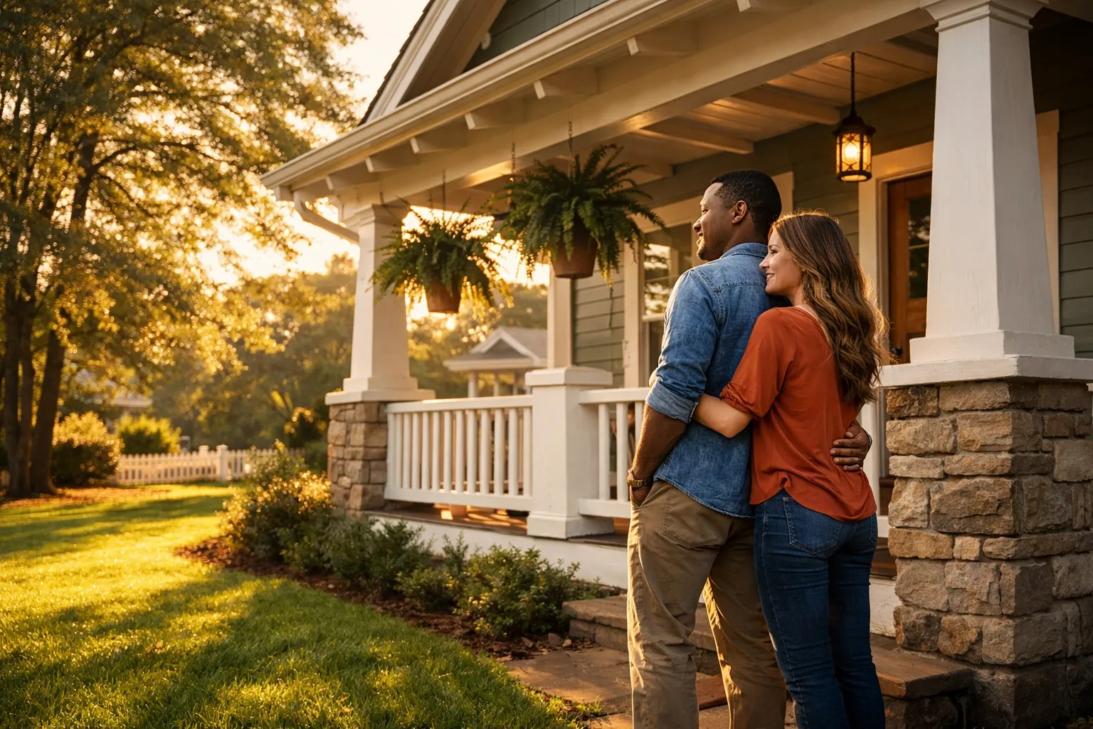 Couple standing out from of their house, watching the sunset from their yard.