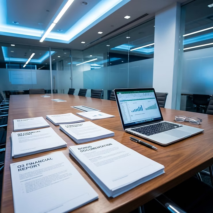A modern conference room with a table of financial reports, documents and a laptop displaying charts, prepared for a business meeting.