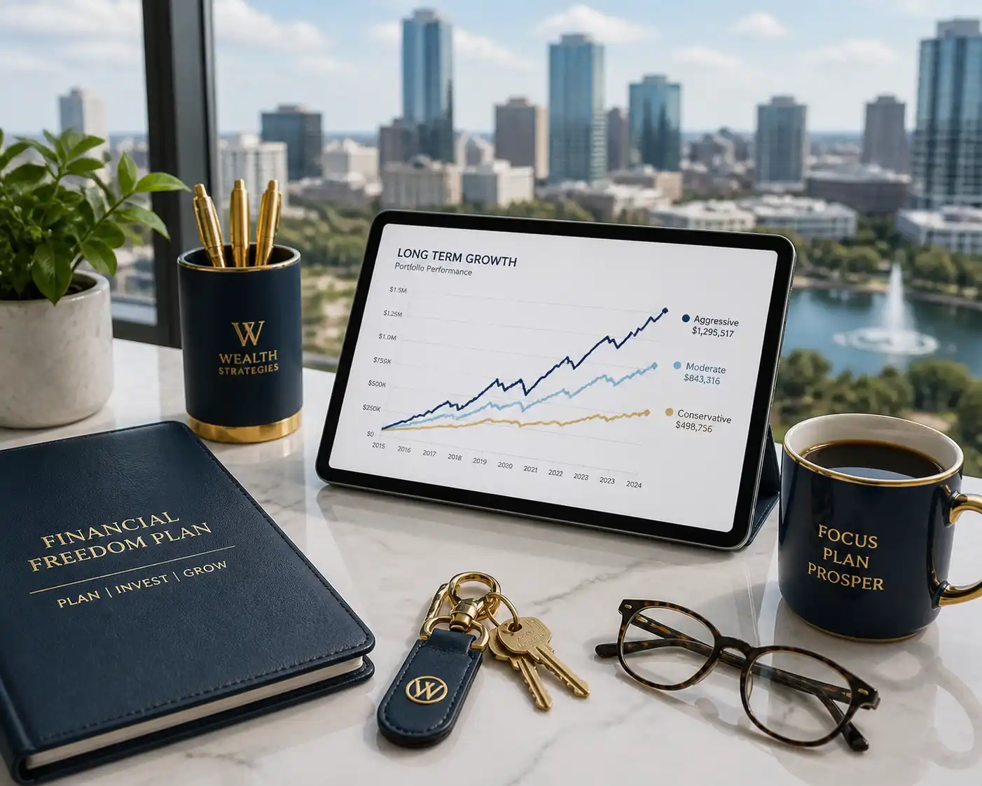 A sleek office desk overlooking a city skyline displays a tablet with investment growth charts alongside financial planning materials, keys, coffee mugs, and business accessories.