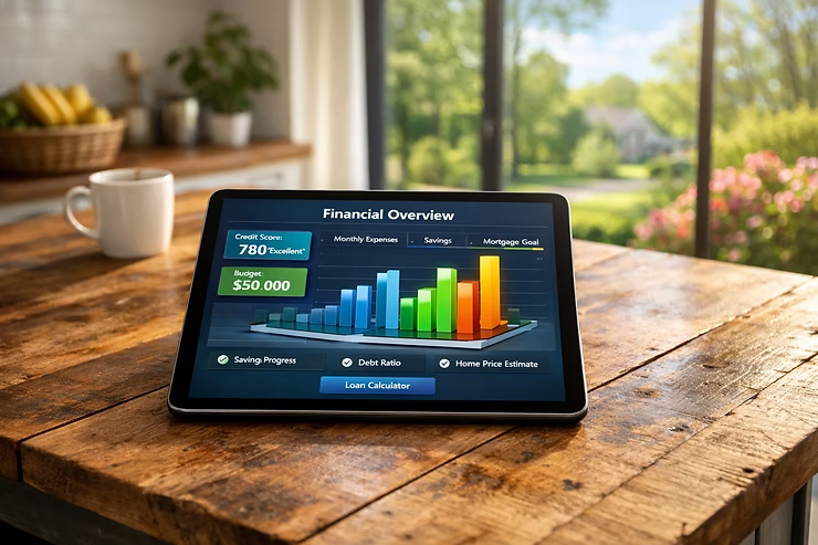A tablet on a rustic wooden table displaying a financial overview dashboard with charts, credit score, budget, and mortgage goals.