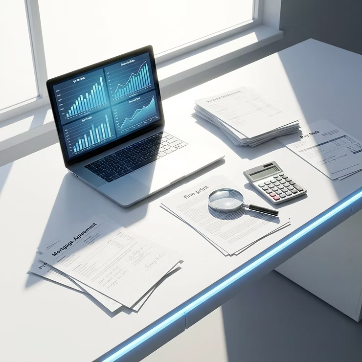A clean desk by a window, holding a laptop with financial charts, mortgage documents, a calendar and a magnifying glass reviewing fine print.