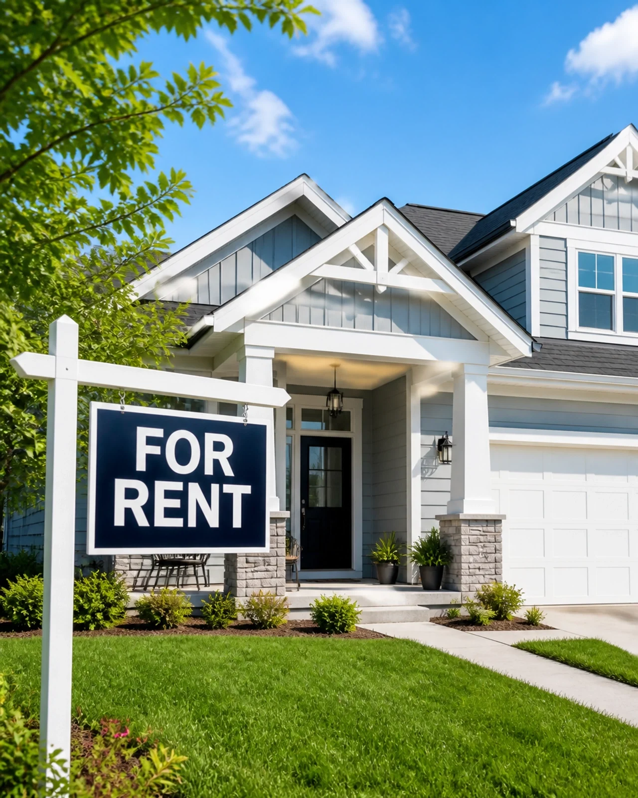 A well-maintained home with a prominent “For Rent” sign in the front yard.
