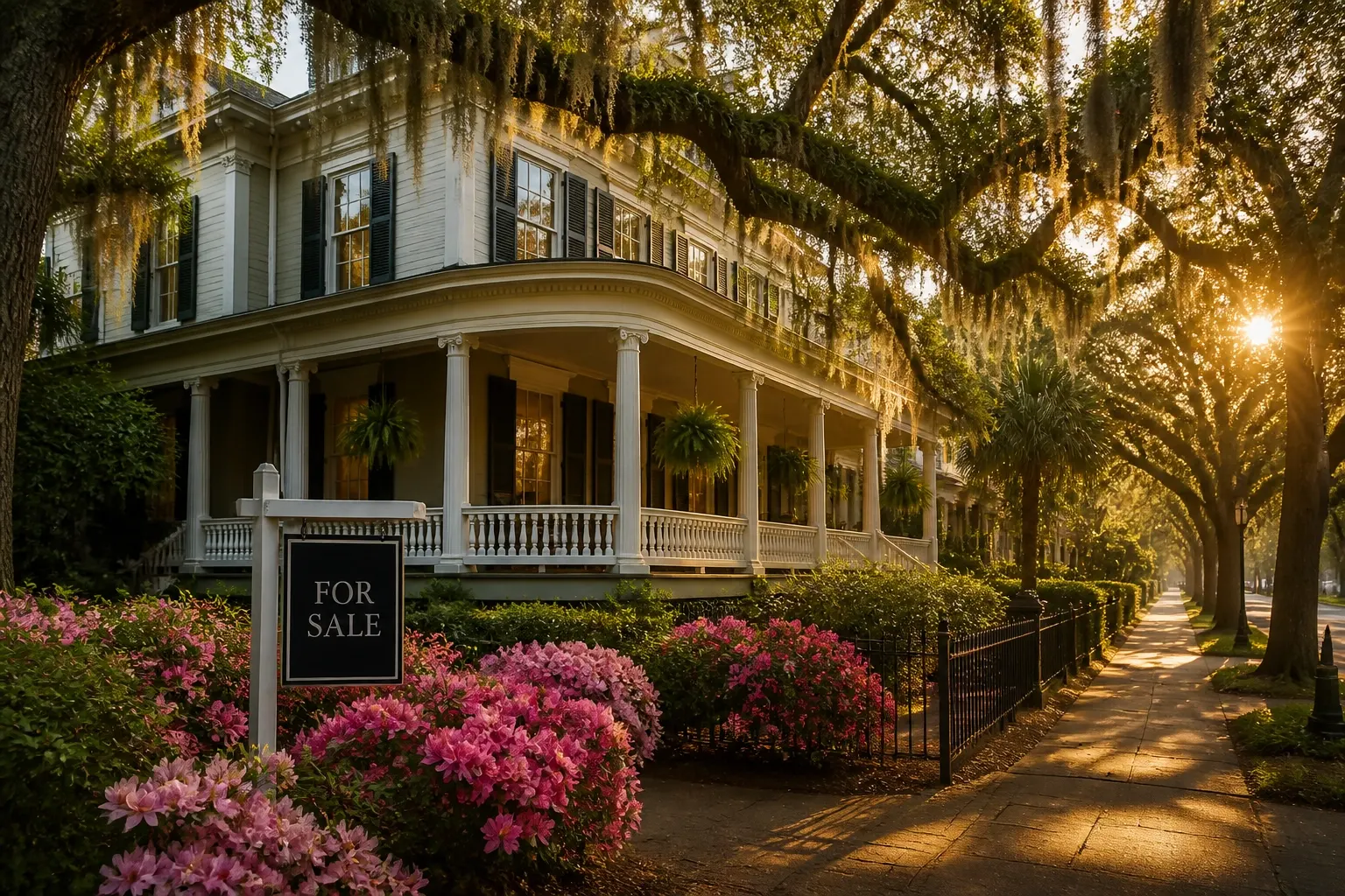 A beautiful Southern-style home with a “For Sale” sign sitting beneath moss-covered trees during golden hour.