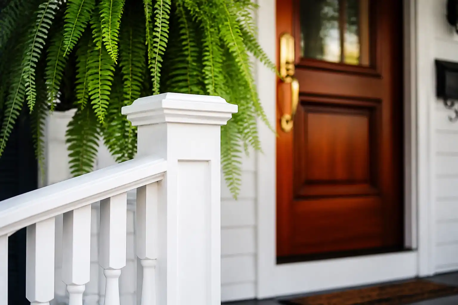 A close-up view of a welcoming front porch features crisp white railings, a rich wooden front door, and lush hanging ferns creating a warm, inviting entryway.
