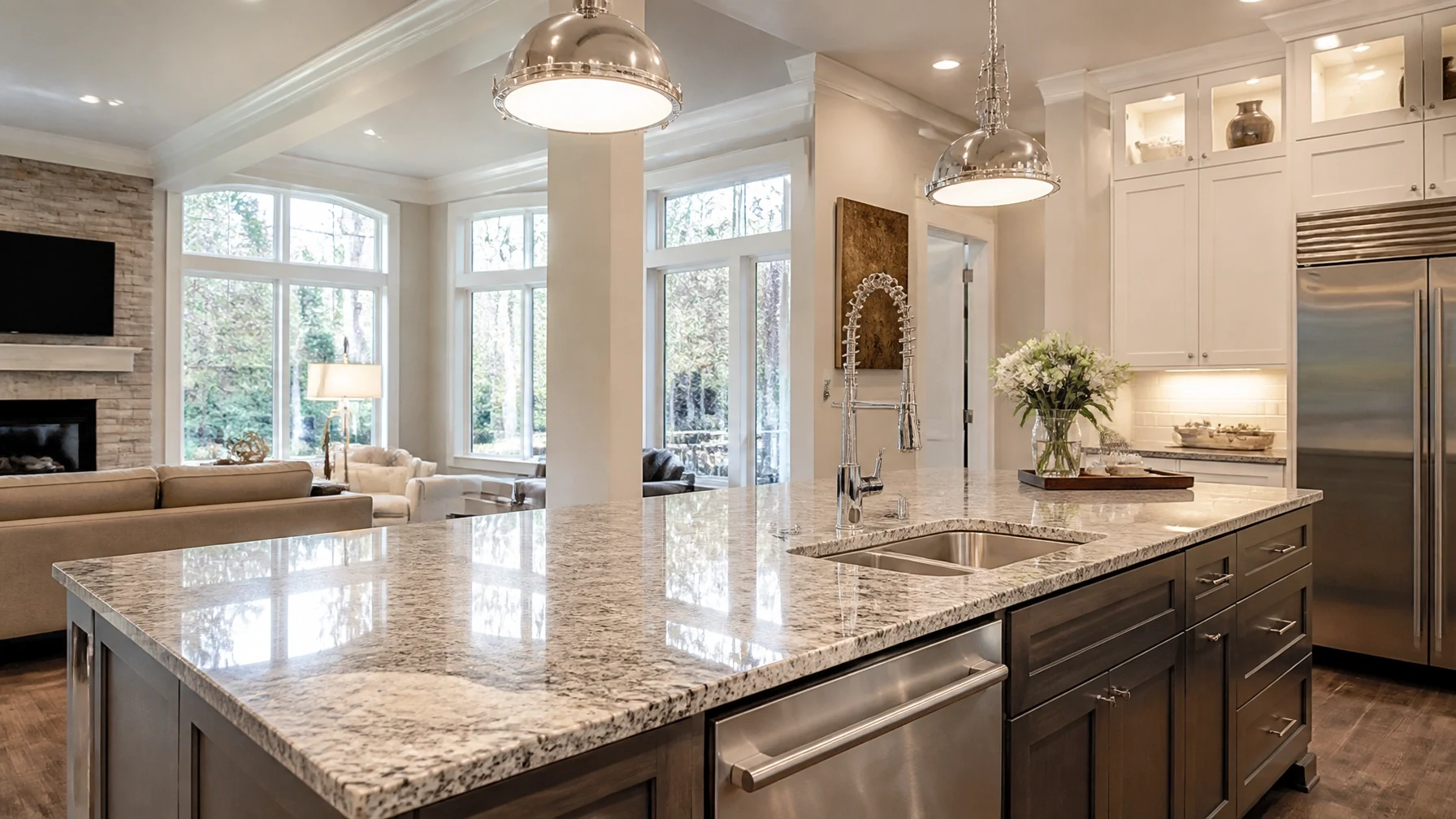 A bright and elegant modern kitchen featuring a large marble island, stainless steel appliances, and open living spaces.