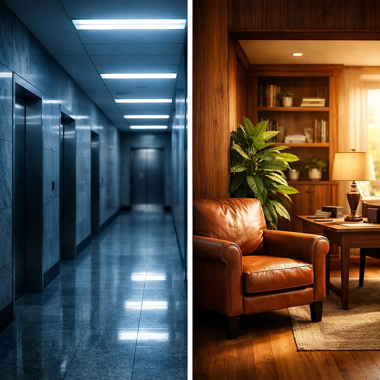 A split-screen image contrasting a cold, modern office hallway with elevators on one side and a warm, inviting home office with leather chair, lamp, and bookshelves on the other.