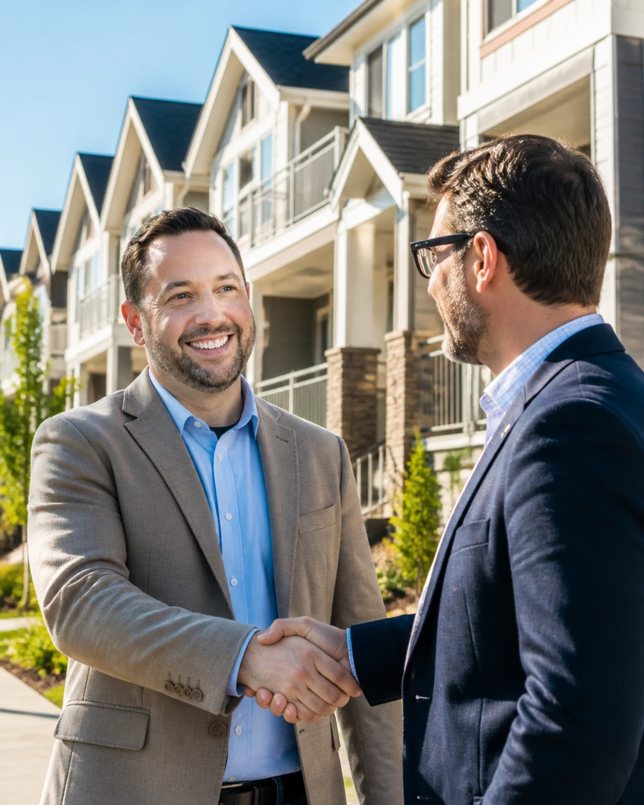 Two real estate professionals shake hands in front of a residential community.