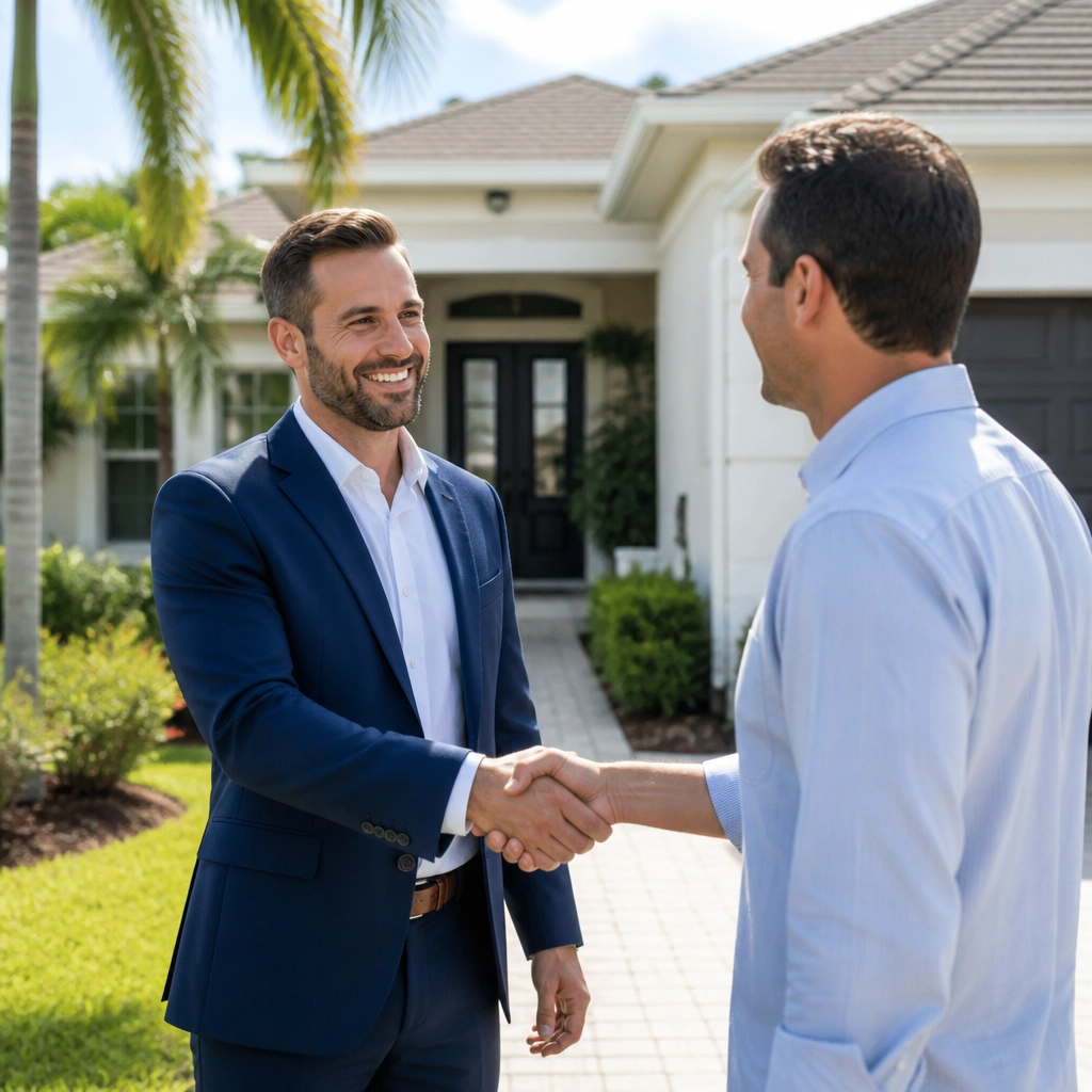 A real estate professional and a client shaking hands in front of a home, representing a successful home purchase or sale.