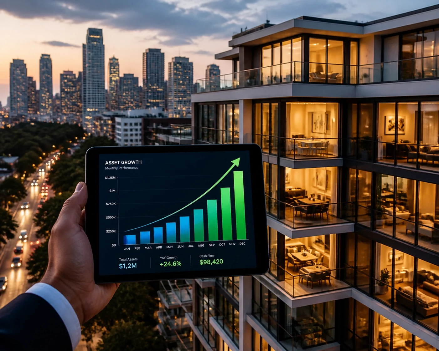 A tablet displaying rising investment growth held in front of luxury high-rise apartments overlooking the city skyline